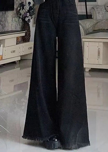 Black Tasseled Pockets Denim Wide Leg Pants Spring