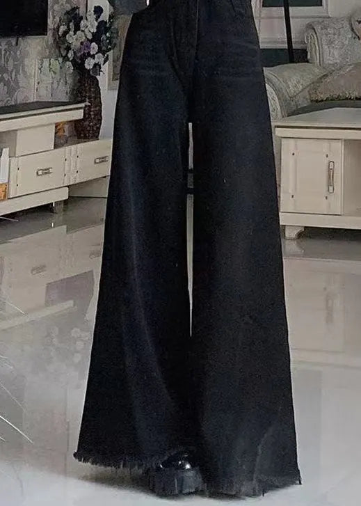 Black Tasseled Pockets Denim Wide Leg Pants Spring