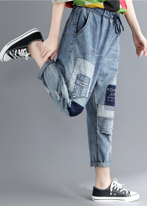 Blue Elastic Waist Patchwork Applique Denim Pants Spring