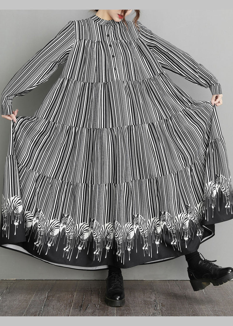 Black Peter Pan Collar Striped Patchwork Dress Spring