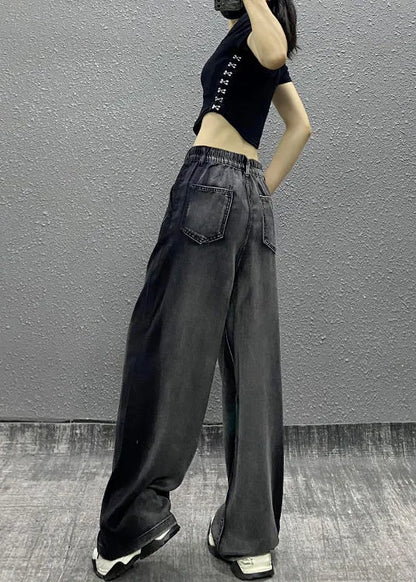 Black Grey Pockets Patchwork Denim Wide Leg Pants Fall