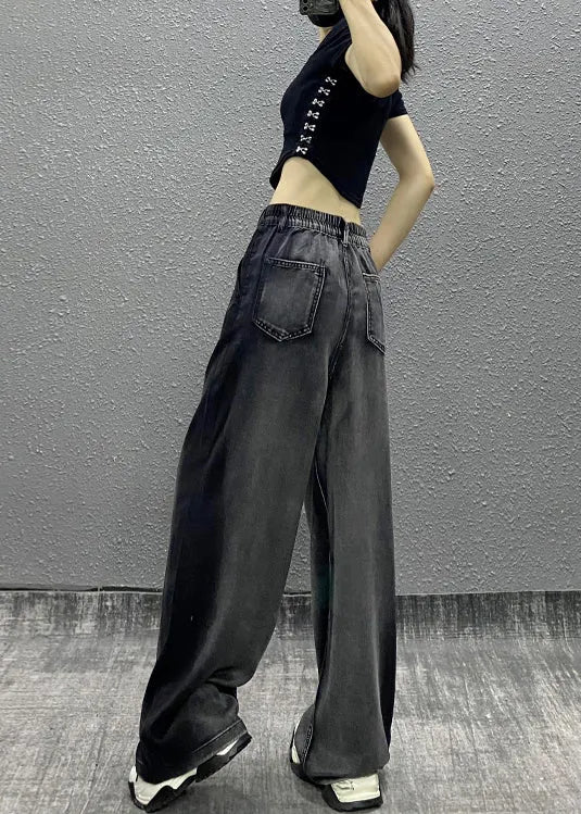 Black Grey Pockets Patchwork Denim Wide Leg Pants Fall