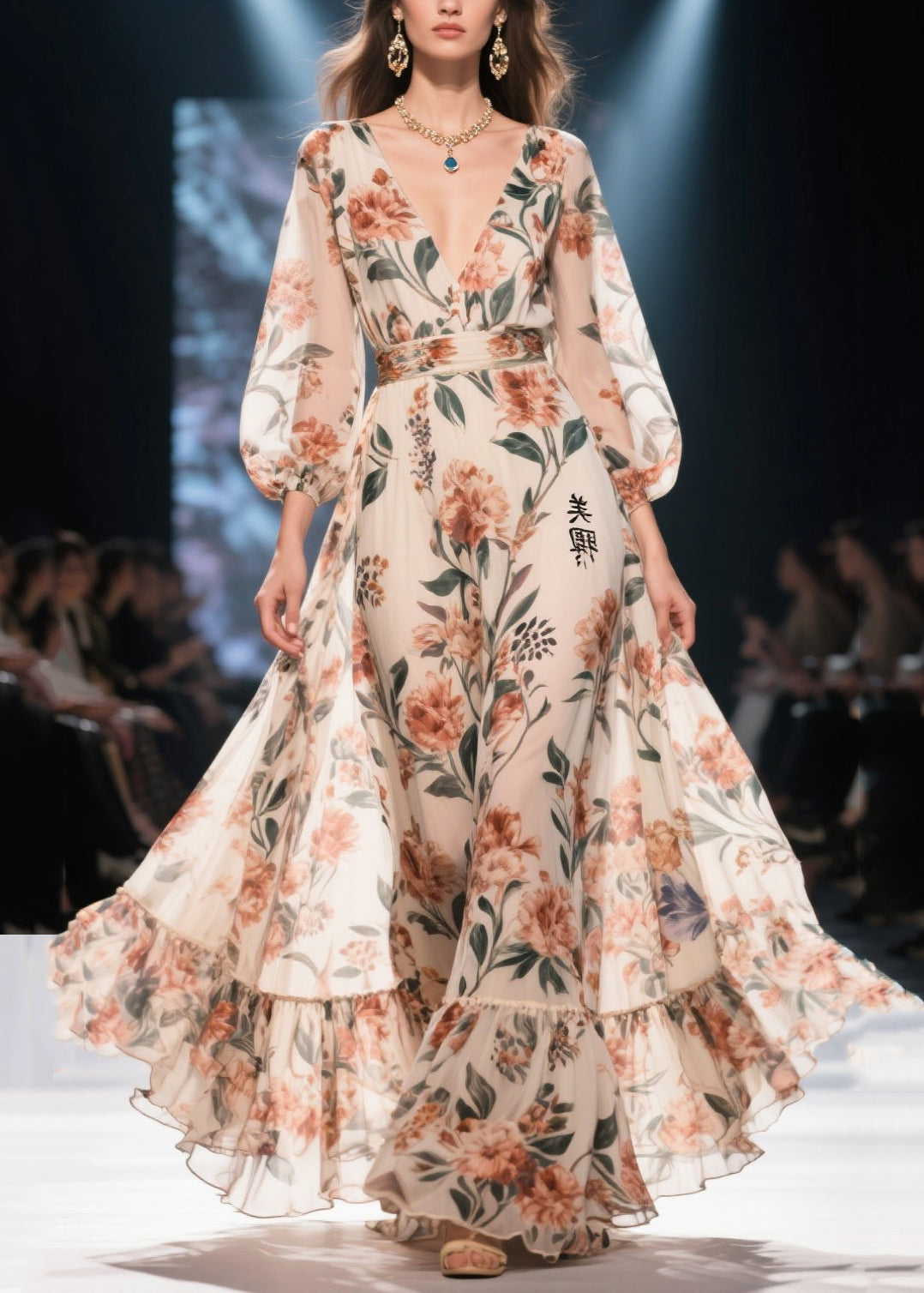 Apricot Print Chiffon Long Dress Exra Large Hem Summer
