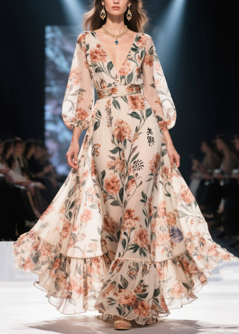 Apricot Print Chiffon Long Dress Exra Large Hem Summer