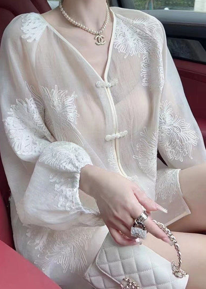 Vogue White Embroideried Button Chiffon Upf 50+ Shirt Fall