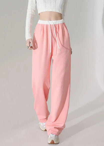 Pink Pockets Elastic Waist Cotton Straight Pants Spring