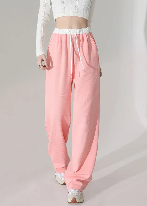 Pink Pockets Elastic Waist Cotton Straight Pants Spring