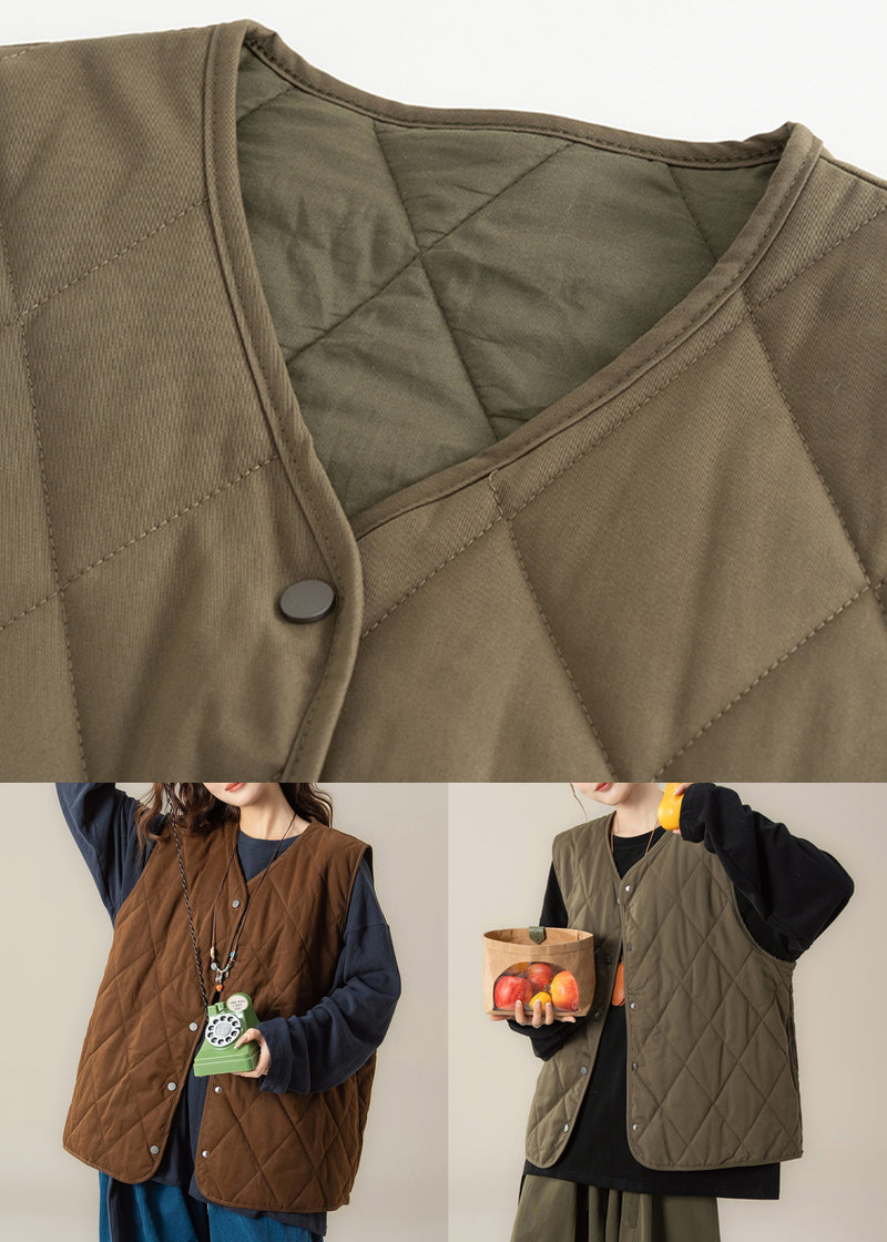 Coffee V Neck Button Cotton Filled Two Pieces Set Sleeveless