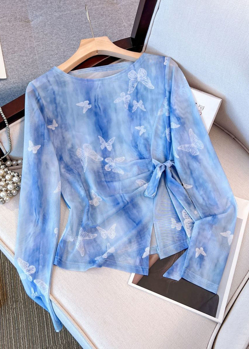 Blue O Neck Butterfly Print Tulle T Shirt Fall