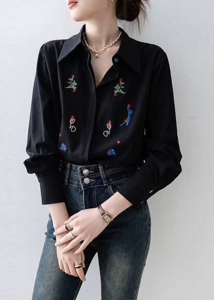 Black Embroidered Chiffon Blouse Tops Spring