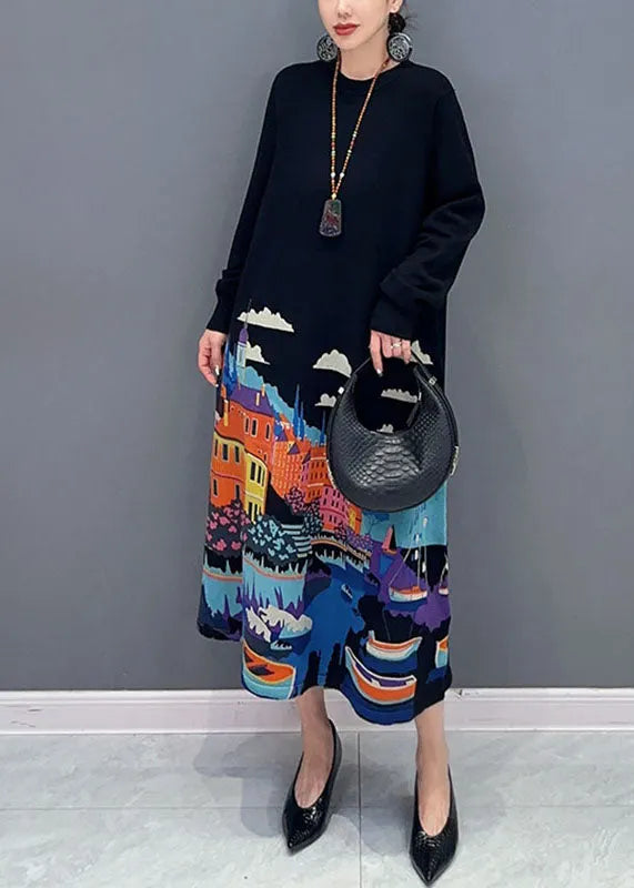 Black O-neck Print Knit Long Sweater Dresses Fall