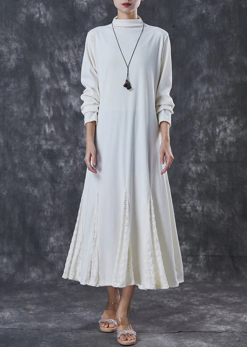 French White Stand Collar Patchwork Lace Knit Ankle Dress Spring