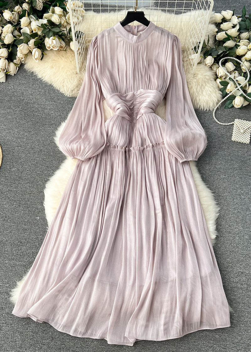 Light Purple Wrinkled Patchwork Silk Cotton Dress Long Sleeve