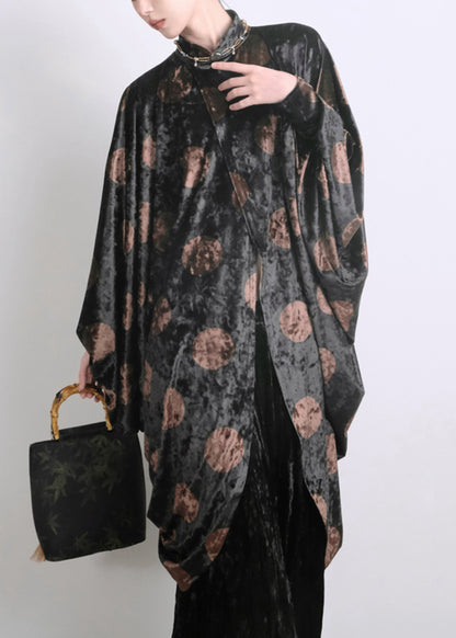 Black Asymmetrical Print Silk Velour Shirts Batwing Sleeve