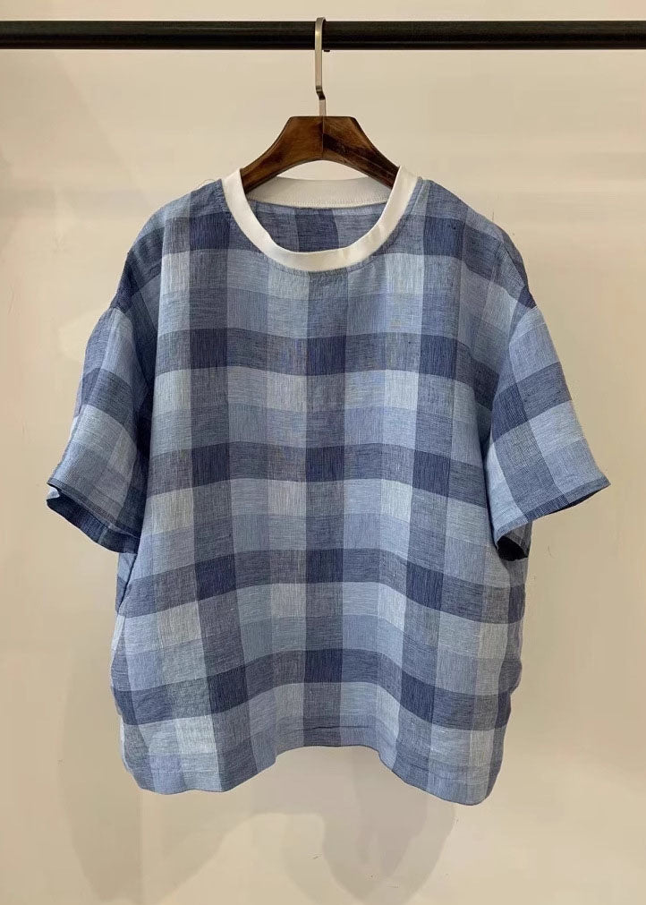 Blue Oversized Plaid Linen Tank Summer