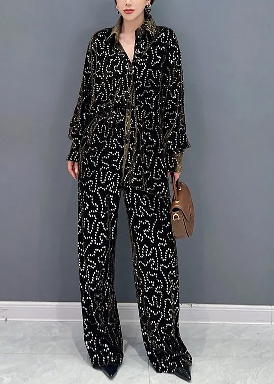 Italian Blue Sequins Tops and Pants Velour Two Piece Suit Set Fall