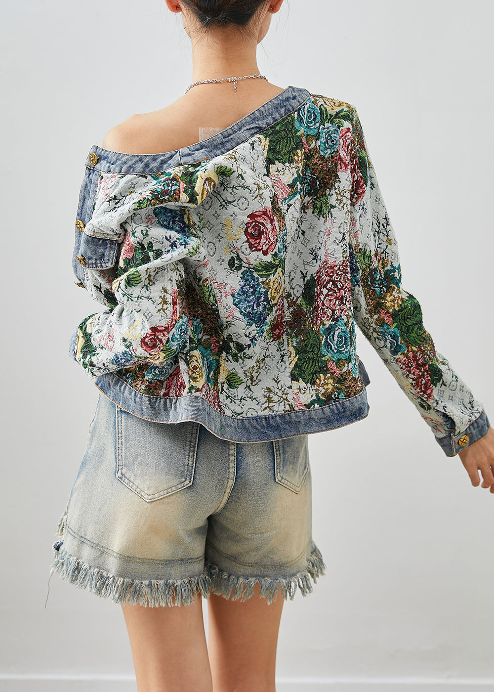 Italian Light Blue O-neck Print Denim Coats Fall