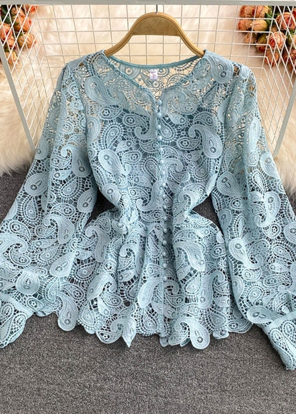 French Blue O-neck Hollow Out Tunitc Lace Top Long Sleeve
