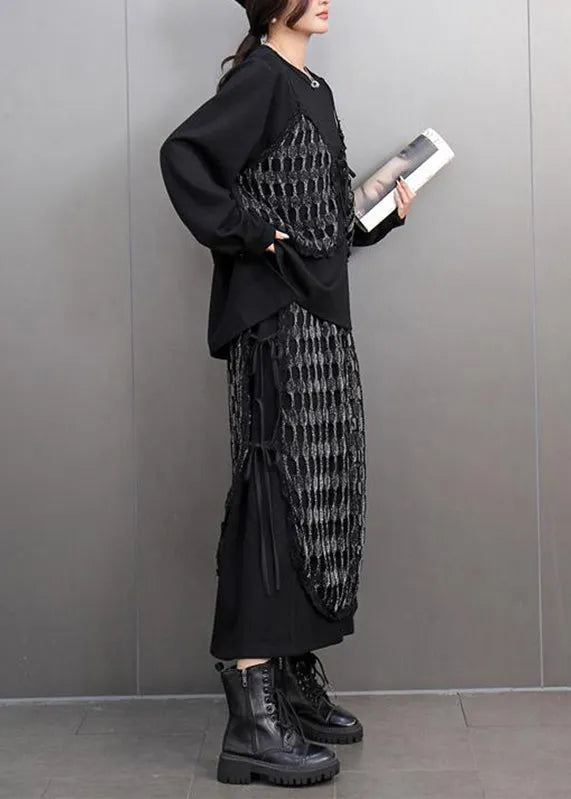 Unique Black O-neck Plaid Patchwork Top and Maxi Skirts Two Piece Set Spring