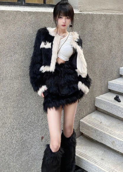 Stylish Black O-neck Coats and Skirts Mink Velvet Two Pieces Set Winter