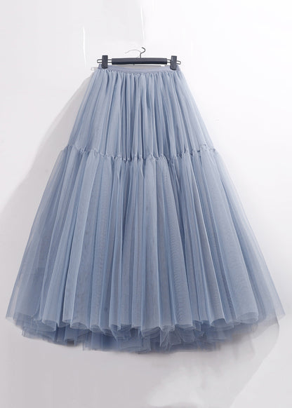 Loose Blue High Waist Tulle Pleated Skirt