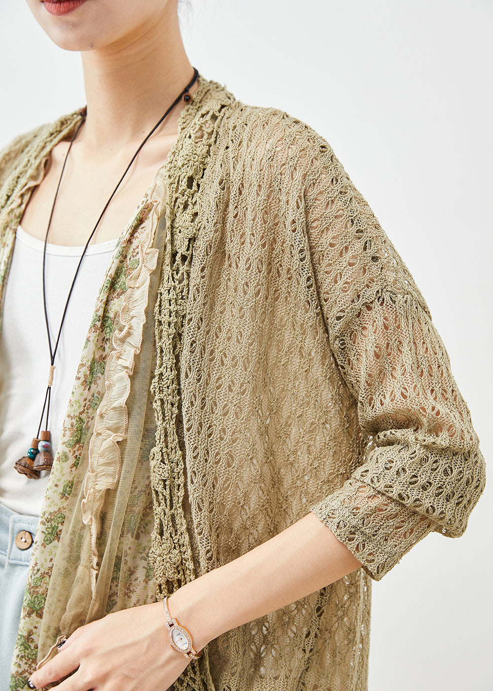 Green Ruffled Patchwork Hollow Out Lace Cardigans Fall