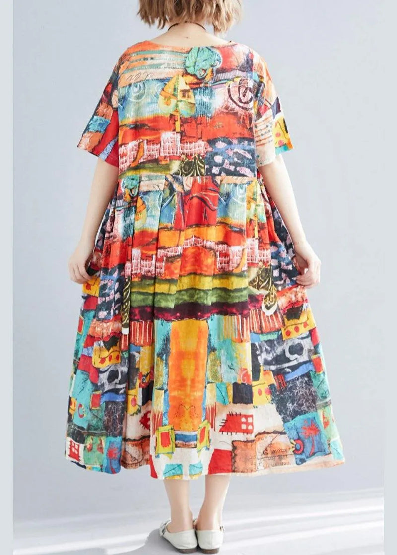 Unique Print O-neck Cotton Loose Summer Mid Dress