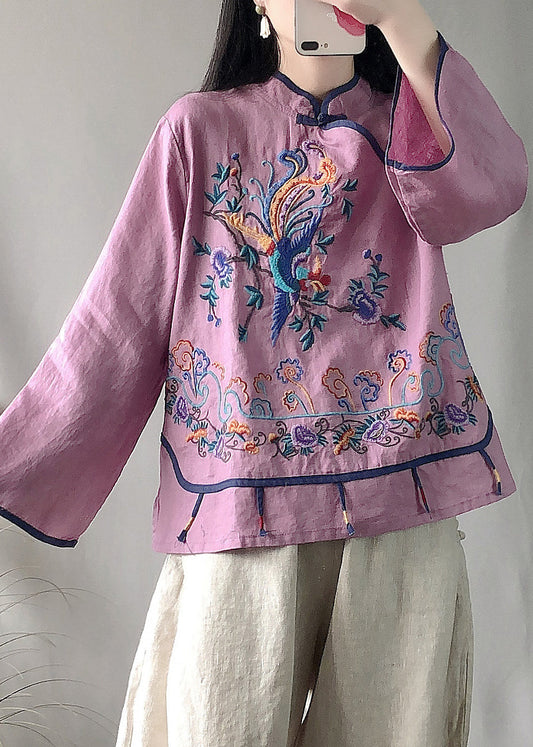 Classy Purple Stand Collar Embroideried Linen Top Long Sleeve
