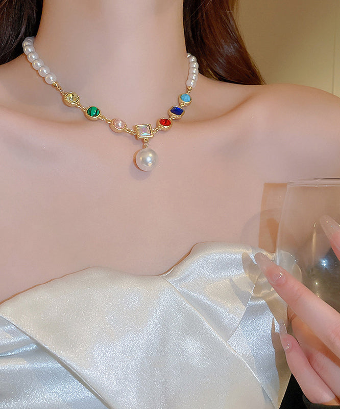 Rainbow Alloy Crystal Pearl Gratuated Bead Necklace