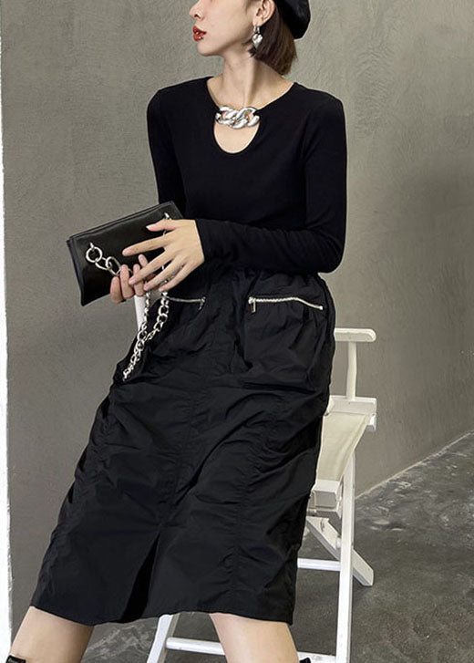 Classy Black Wrinkled Zippered Pockets Fall Skirts