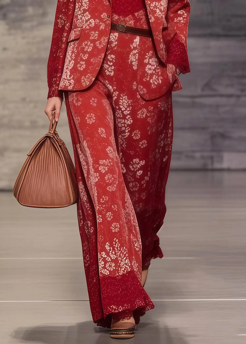 Red Notched Print Spandex Coats and Jumpsuits Two Pieces Set Spring