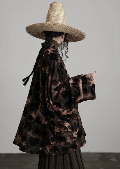 Coffee V Neck Button Tie Dye Cotton Coats Fall