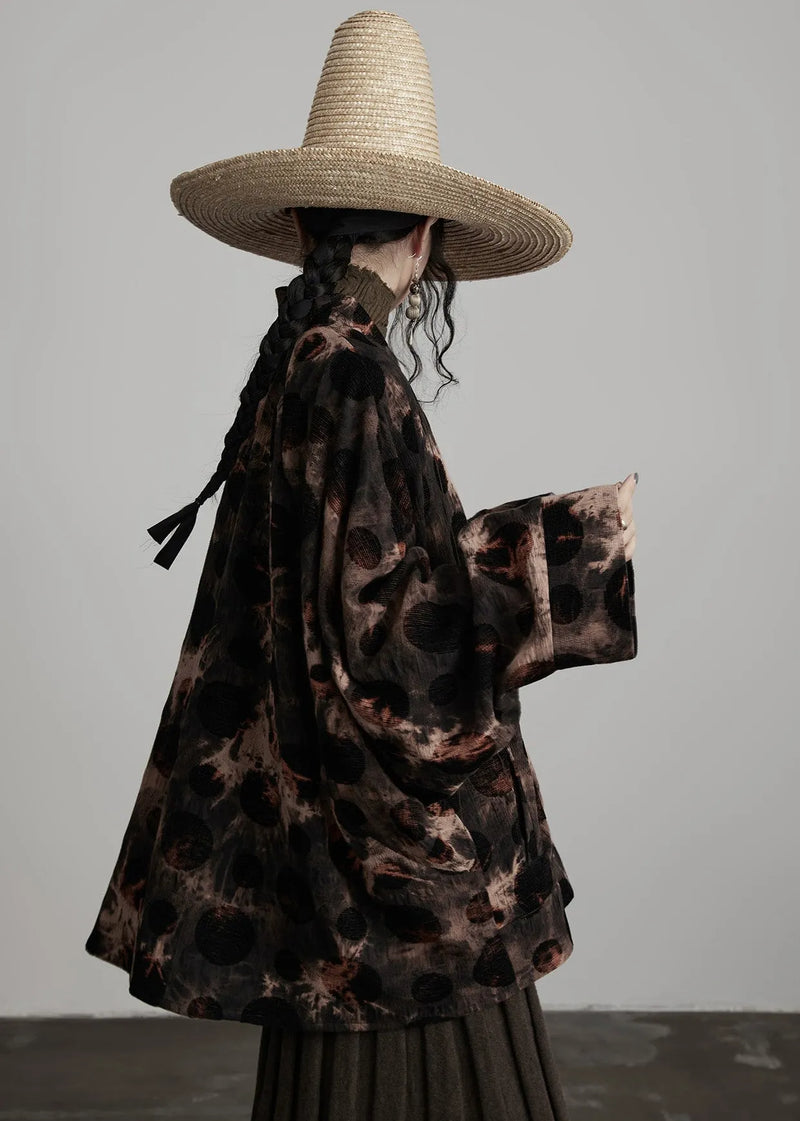 Coffee V Neck Button Tie Dye Cotton Coats Fall