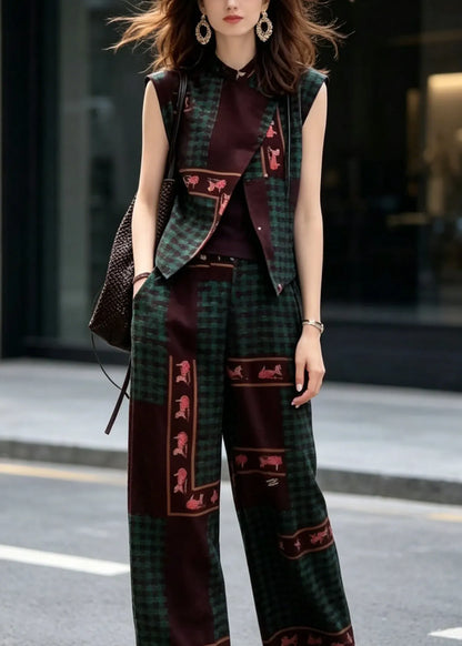 New Chinese Style Print Sleeveless Top and Wide Leg Pants Two Pieces Set