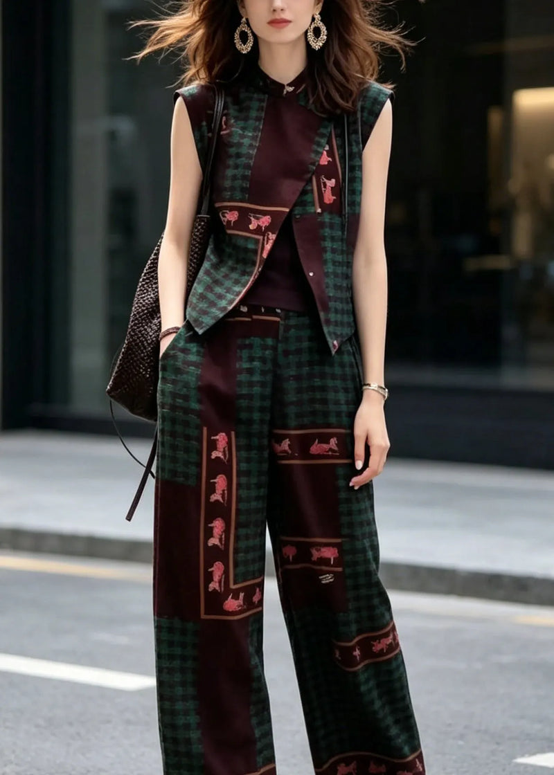 New Chinese Style Print Sleeveless Top and Wide Leg Pants Two Pieces Set
