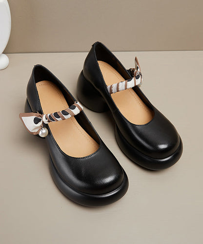 Black Pearl Splicing Buckle Strap Genuine Leather High Heels