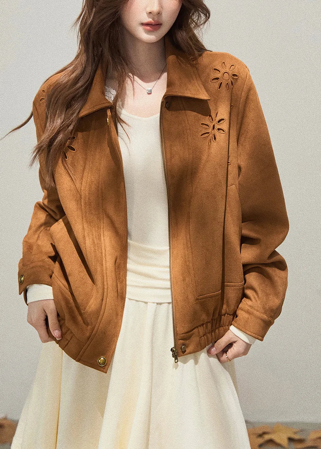 French Brown Embroidered Flower Faux Suede Coat Outwear Fall