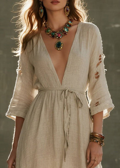 Beige Tie Waist Ripped Linen Vacation Dress Bracelet Sleeve