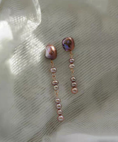 Modern Purple Metal Asymmetrical Pearl Drop Earrings