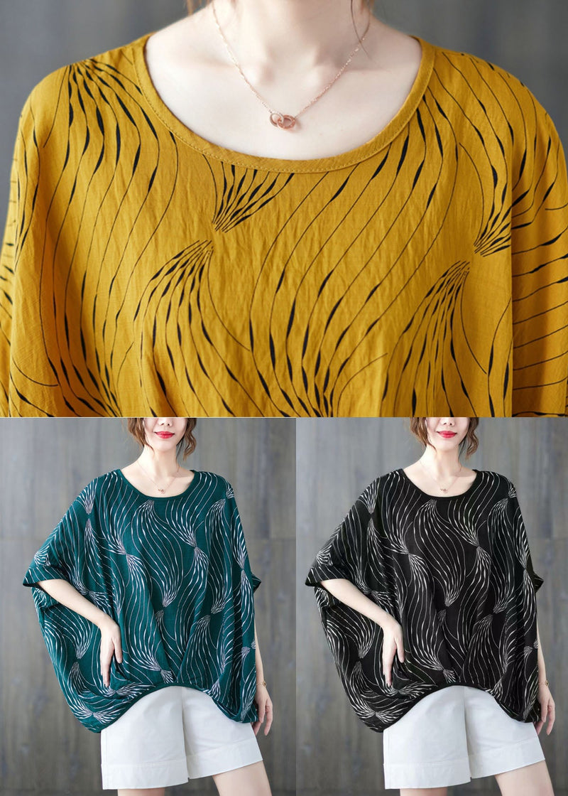 Black Print Cotton Tanks Wrinkled O-neck Batwing Sleeve