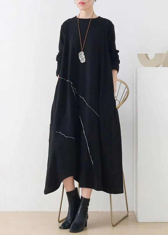 Natural Black O-neck Patchwork Fall Knit Dress Long Sleeve