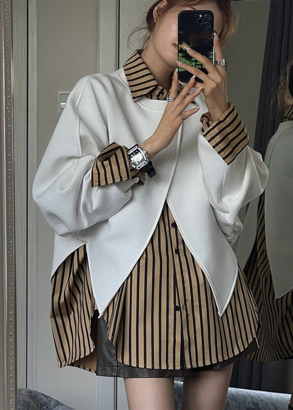 Loose Peter Pan Collar Striped Sweatshirt and Shirts Two Pieces Set Spring Sleeve
