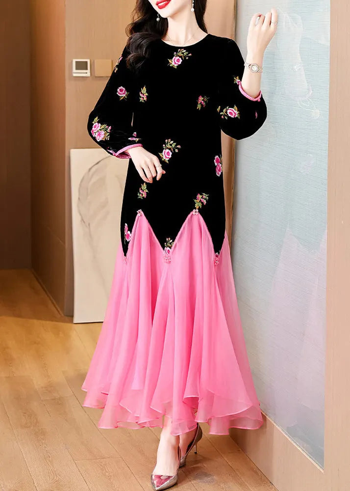 Black Embroidered Patchwork Silk Velour Long Dress Spring