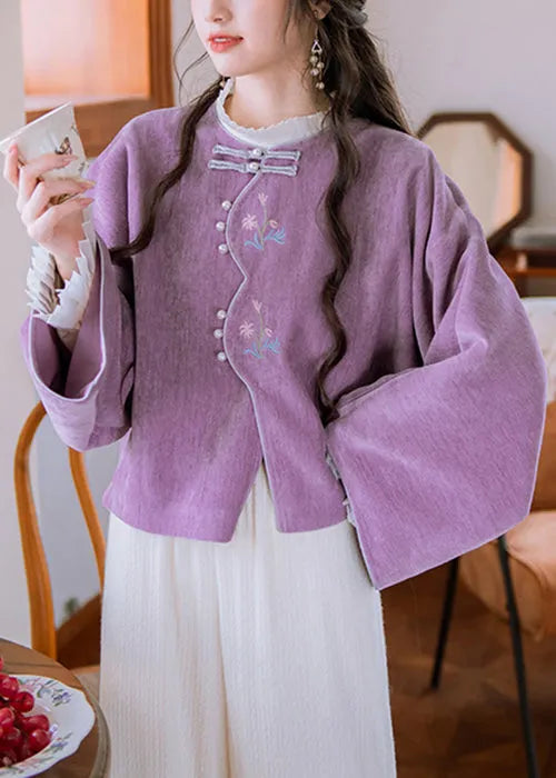 Purple Embroidered Button Cotton Coat Flare Sleeve