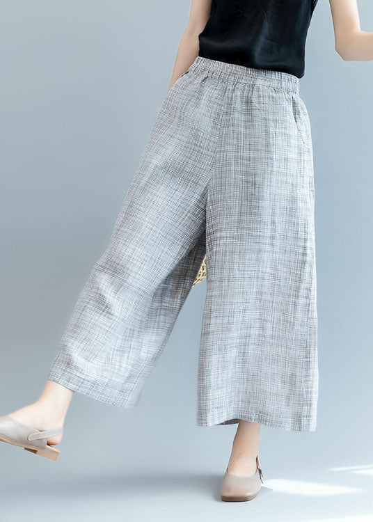 French Grey Elastic Waist Linen Wide Leg Pants Spring