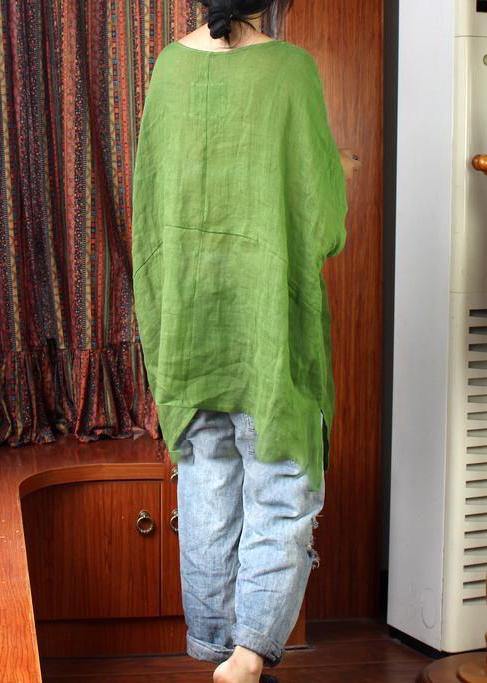 Green U Neck Linen Summer Shirt Tops