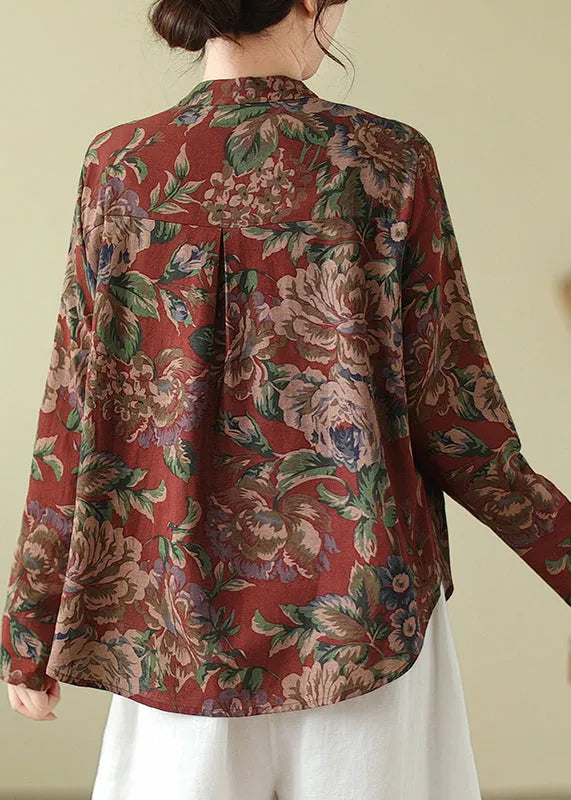 Stand Collar Print Button Cotton Coats Fall