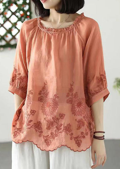 Orange Ruffled Embroideried Linen T Shirt Summer