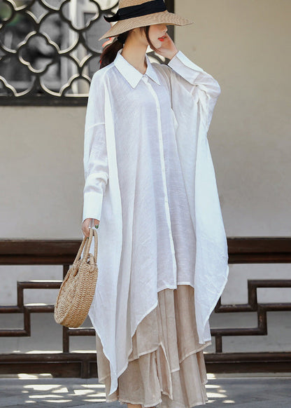 White Asymmetrical Design Peter Pan Collar Linen Long Shirt Long Sleeve