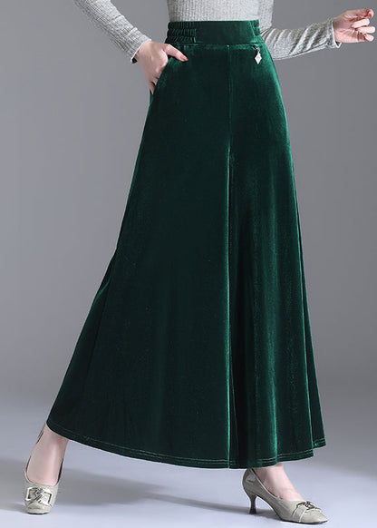 Green Pockets Elastic Waist Velour Wide Leg Pants Fall